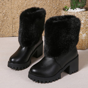 Fashion Winter Snow Boots Women's High Heel Short Boots with Thick Fleece Lining Warm Cotton Boots with Thick Chunky Heel Slip-Resistant Women's Boots