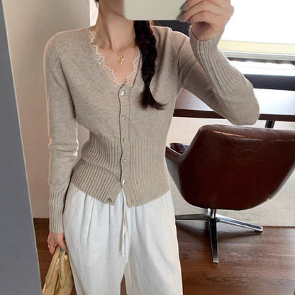 Elegant V-Neck Lace Spliced Slim Fit Top for Women