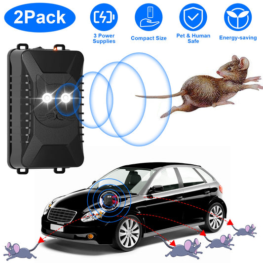 2 Packs Under Hood Ultrasonic Rodent Repellent Mouse Wildcat Control Portable Rodent Chaser With 3 Power Supplies For Car Home Garage