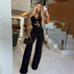 Fashion Women's V-Neck Decorative Button Waist Belt Top and Long Pants Set