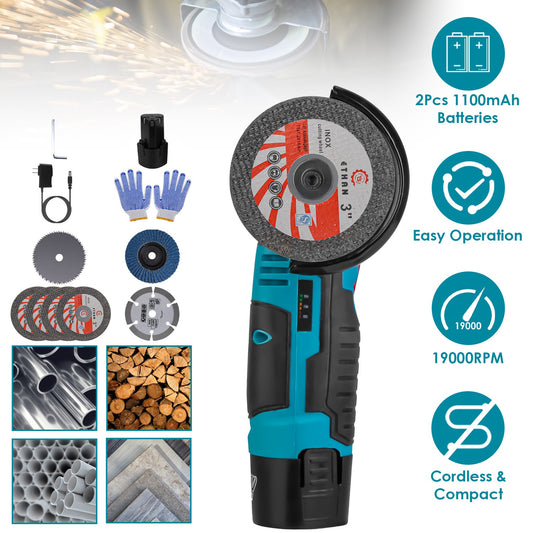 1Set 12V Cordless Mini Angle Grinder Hand Polishing Grinding Machine Cordless Cutter Grinding Tool With 7Pcs Disc 2Pcs 1100mAh Batteries And Charger Hex Key