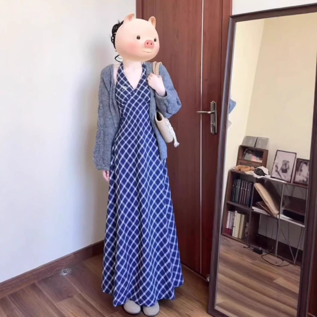 Vintage Plaid Halter Neck Dress for Women Summer Chic Vacation Style Fitted Slimming Elegant Strap Long Dress
