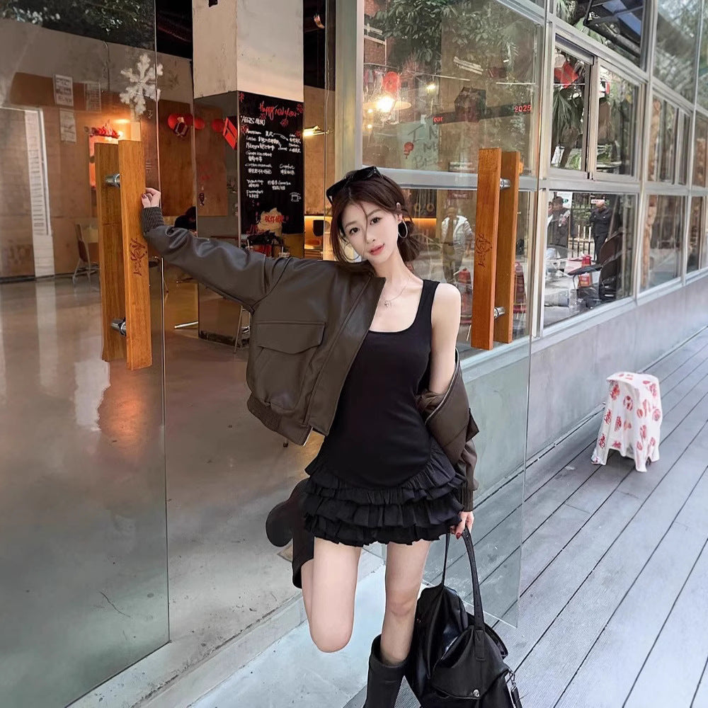 Ballet Style White Lace Spliced Strap Dress for Women Slim Fit Puffy Cake Short Dress
