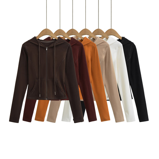 Drawstring hooded zipper long sleeved sweatshirt