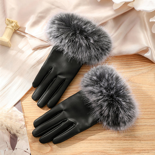 Women's winter gloves with windproof and plush thick fur mouth gloves, cold resistant touch screen riding warm gloves, Korean style minimalist gloves