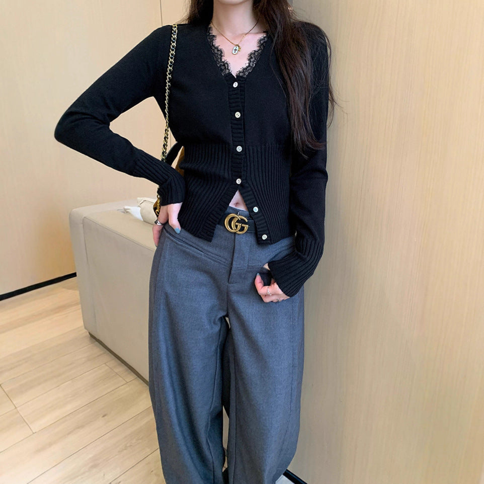 Elegant V-Neck Lace Spliced Slim Fit Top for Women