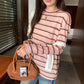Design Sense Color-Blocking Stripe Round Neck Long Sleeve T-Shirt