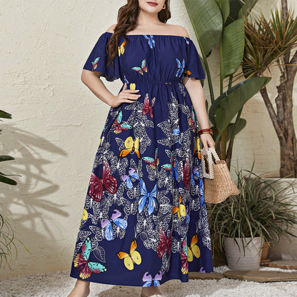 Chic Butterfly Print Off-Shoulder Long Dress for Women, Large Size, Middle Eastern Style, Youthful Look