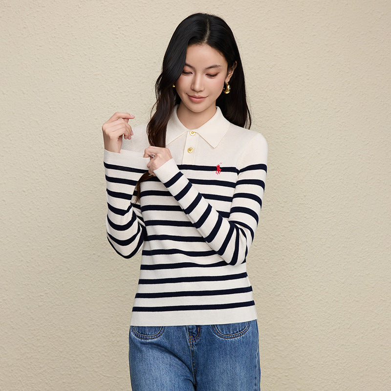 Color blocked striped polo collar lapel top for women