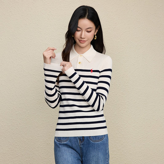 Color blocked striped polo collar lapel top for women