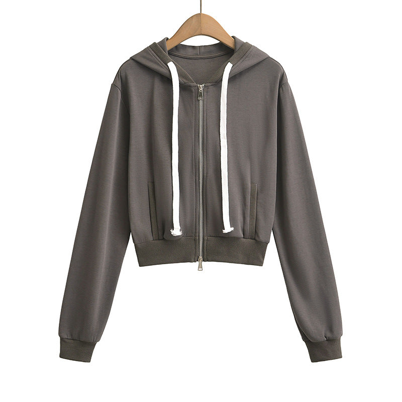 Drawstring zipper hooded long sleeved sweatshirt