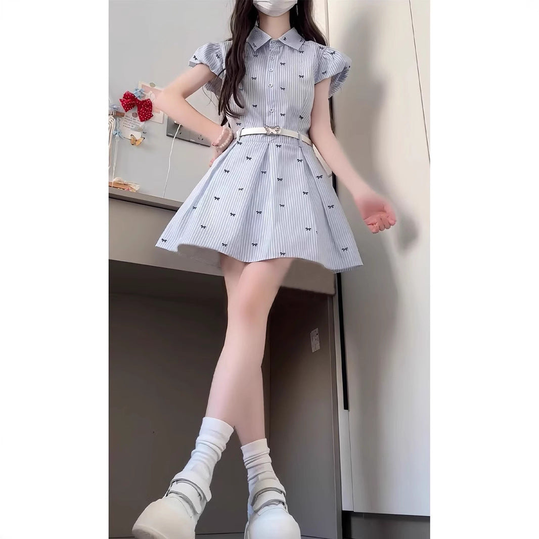Blue Stripe Fitted Short Sleeve Shirt Dress for WomenPetite Friendly, Short Dress