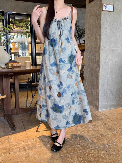 Floral Watercolor Print Strap Dress for Women, Summer Elegant Style, Petite-Friendly, Slim Fit, Long Dress