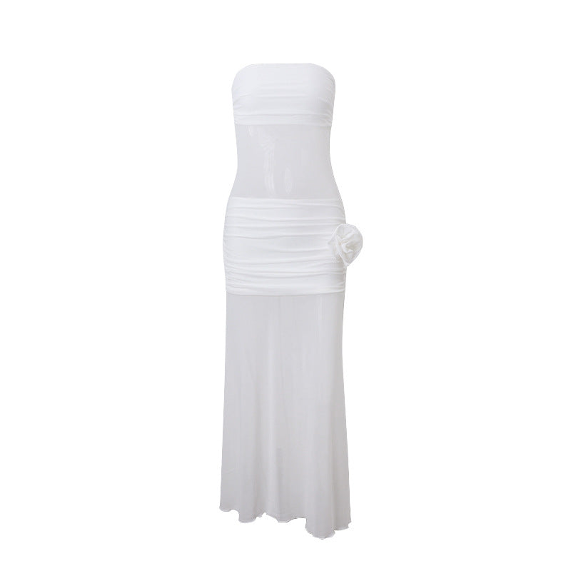 Elegant Bohemian Sexy Sheer Mesh Floral Strapless Dress for Women, Form-Fitting Design, Chic Long Dress