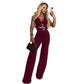 Fashion Women's V-Neck Decorative Button Waist Belt Top and Long Pants Set