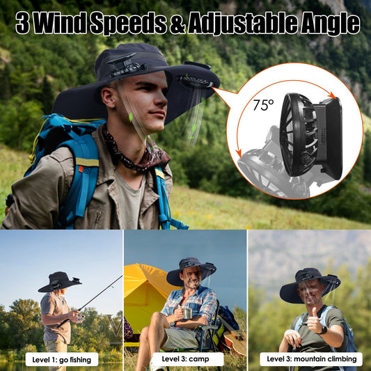 1Pc Outdoor Wide Brim Sun Hat With 2 Rechargeable Fans Solar Powered 3 Wind Speeds UPF50 Breathable Waterproof Nylon Mesh Outdoor Hat For Hiking Camping Hunting Fishing