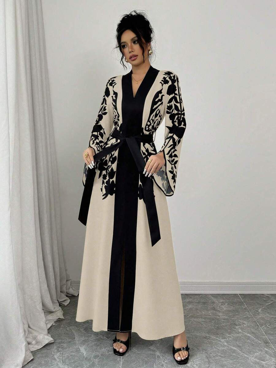Clothing  V-neck Long Sleeve Printed Flared Dress with Tie Waist Long Cardigan Style Women's Dress