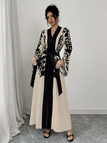 Clothing  V-neck Long Sleeve Printed Flared Dress with Tie Waist Long Cardigan Style Women's Dress