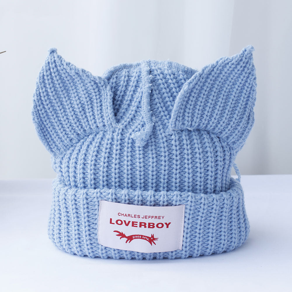 Double-layer thickened pig ear wool hat autumn and winter warm solid color knitted hat
