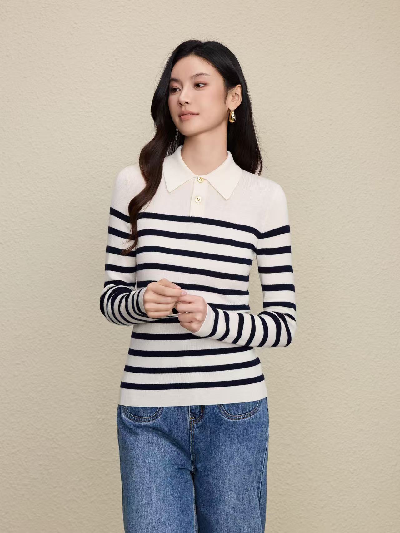 Color blocked striped polo collar lapel top for women