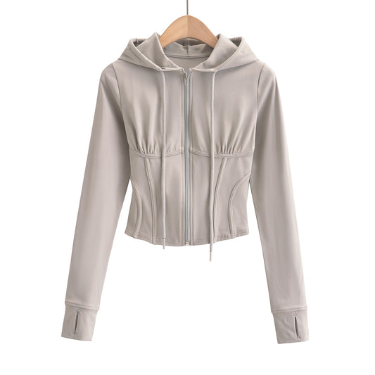 Slim fit drawstring hooded zipper top