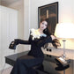 Chic Little Black V-Neck Dress for Women, Autumn Fashion, Elegant Fitted Inner Layer Long Dress