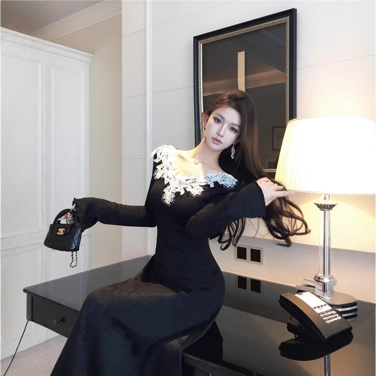 Chic Little Black V-Neck Dress for Women, Autumn Fashion, Elegant Fitted Inner Layer Long Dress