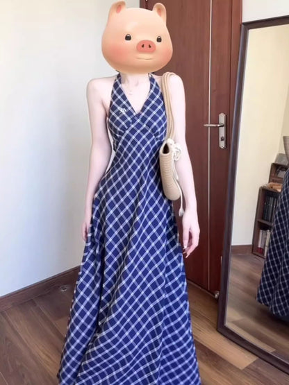 Vintage Plaid Halter Neck Dress for Women Summer Chic Vacation Style Fitted Slimming Elegant Strap Long Dress