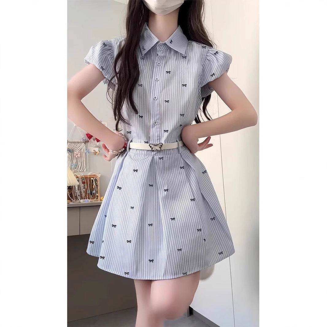 Blue Stripe Fitted Short Sleeve Shirt Dress for WomenPetite Friendly, Short Dress