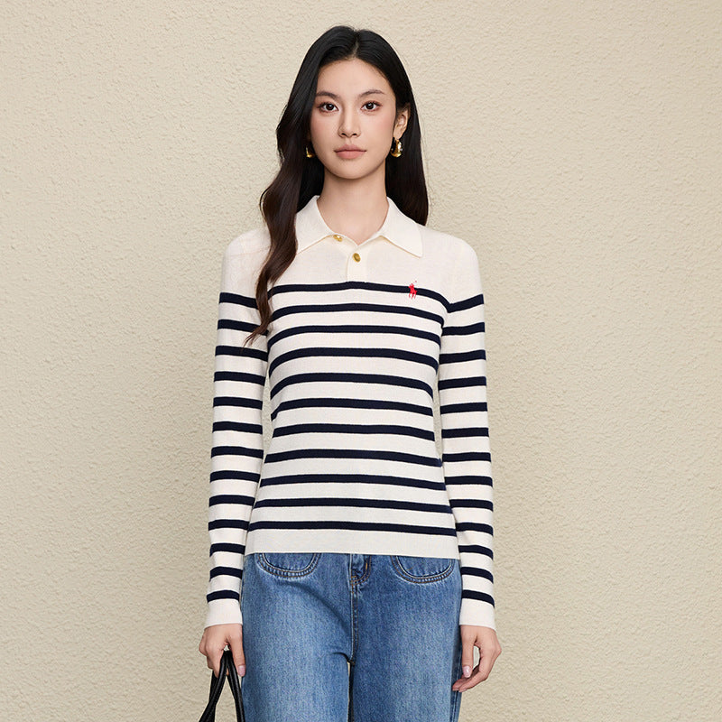 Color blocked striped polo collar lapel top for women