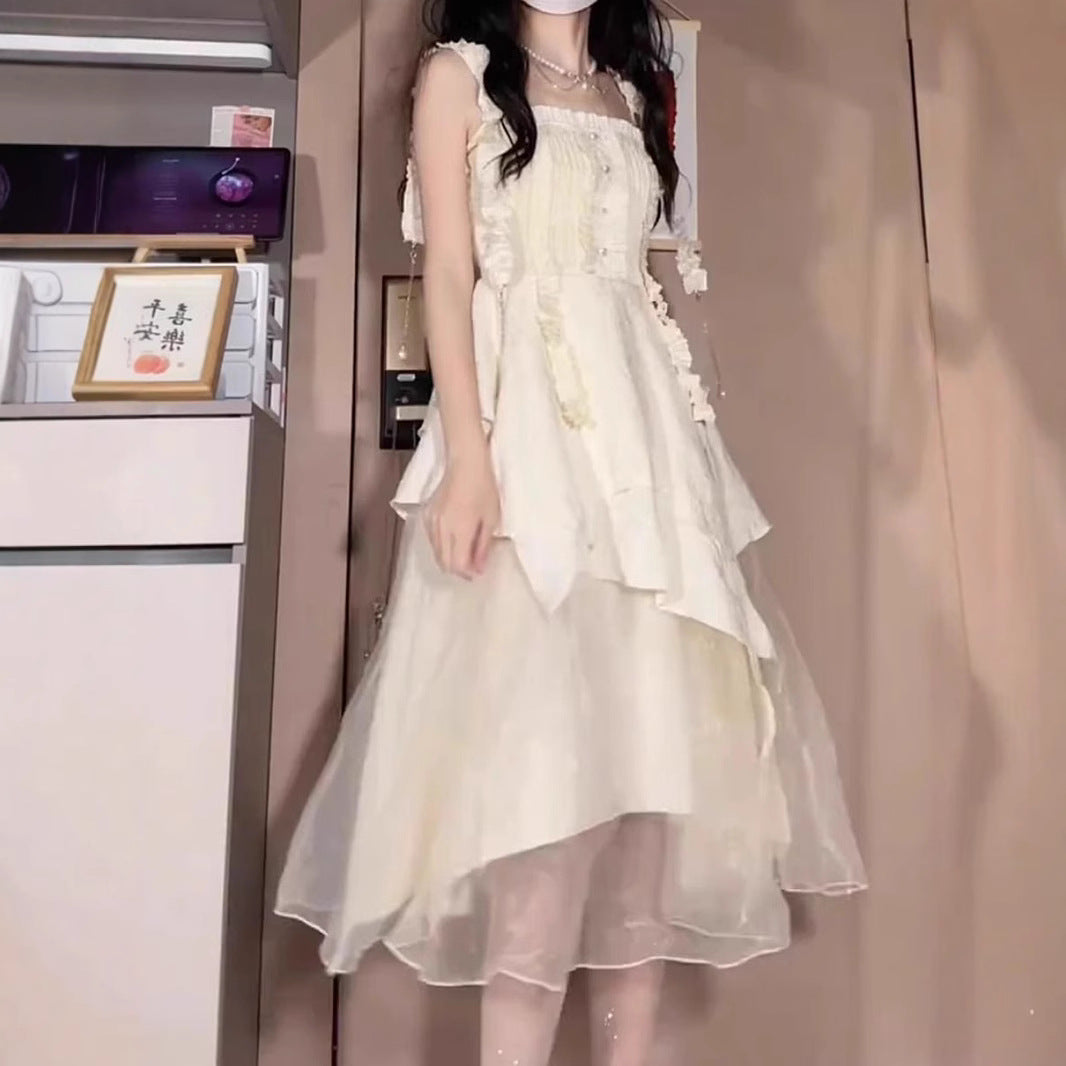 Gentle Princess Long Dress, Fairy-like Flowing Sweet Strap Irregular Pleated Dress for Women Summer