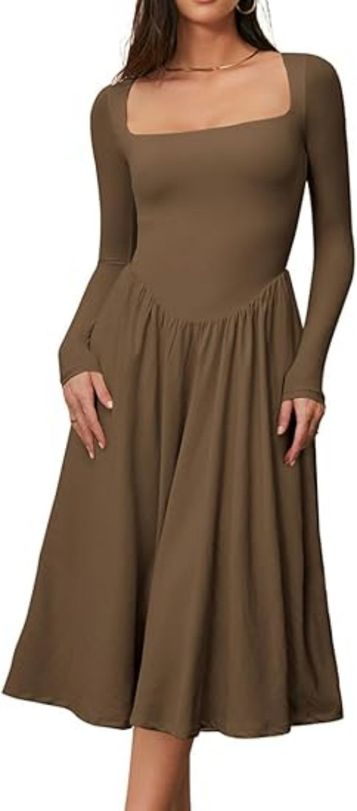 Long Sleeve Solid Color Fitted Square Neck Pleated Dress for Women