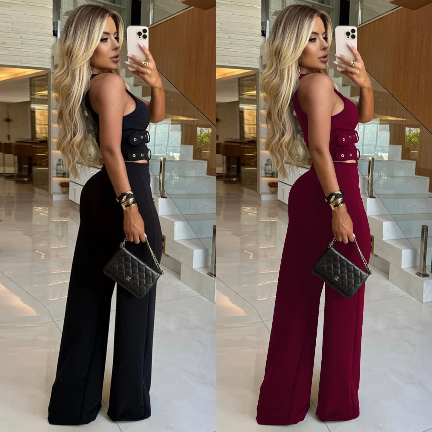 Fashion Women's V-Neck Decorative Button Waist Belt Top and Long Pants Set