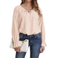 Spring and Autumn Fashion Commuter Shirt for Women, Lotus Sleeve, Long Sleeve, V-Neck, Loose Fit, Belted Top