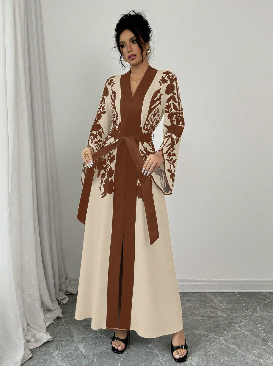 Clothing  V-neck Long Sleeve Printed Flared Dress with Tie Waist Long Cardigan Style Women's Dress