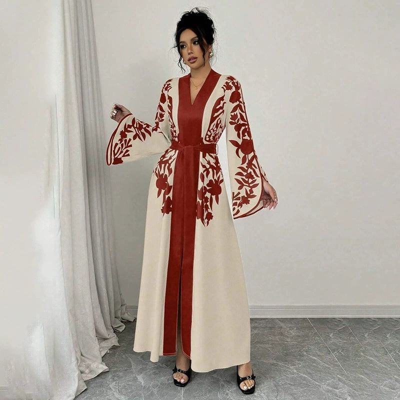 Clothing  V-neck Long Sleeve Printed Flared Dress with Tie Waist Long Cardigan Style Women's Dress