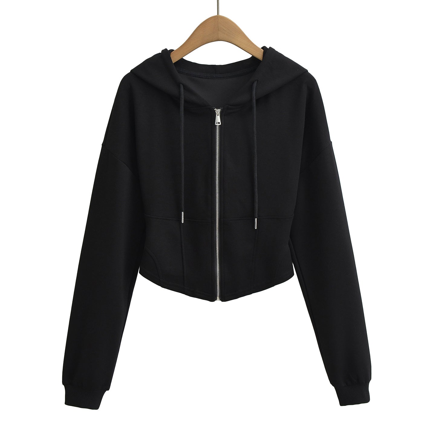Hooded drawstring zipper long sleeved sweatshirt