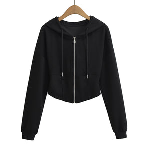 Hooded drawstring zipper long sleeved sweatshirt