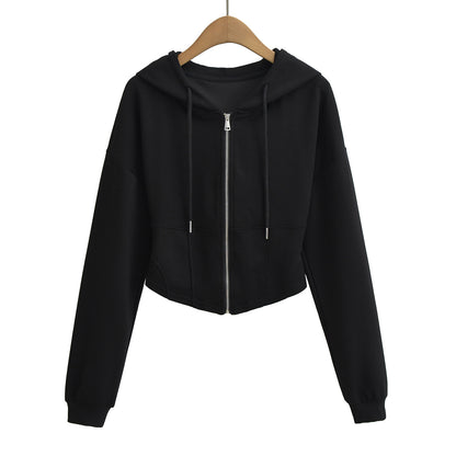 Hooded drawstring zipper long sleeved sweatshirt