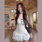 Ballet Style White Lace Spliced Strap Dress for Women Slim Fit Puffy Cake Short Dress