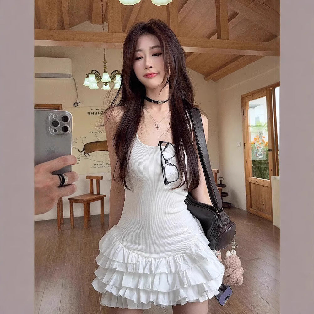 Ballet Style White Lace Spliced Strap Dress for Women Slim Fit Puffy Cake Short Dress