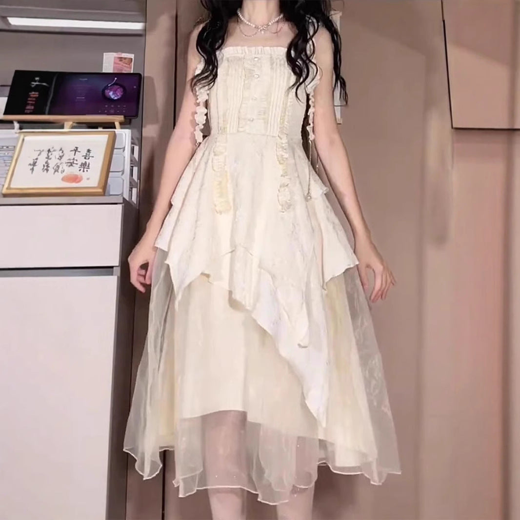 Gentle Princess Long Dress, Fairy-like Flowing Sweet Strap Irregular Pleated Dress for Women Summer