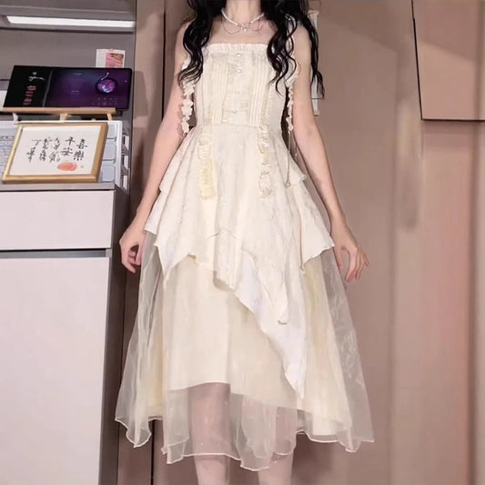 Gentle Princess Long Dress, Fairy-like Flowing Sweet Strap Irregular Pleated Dress for Women Summer