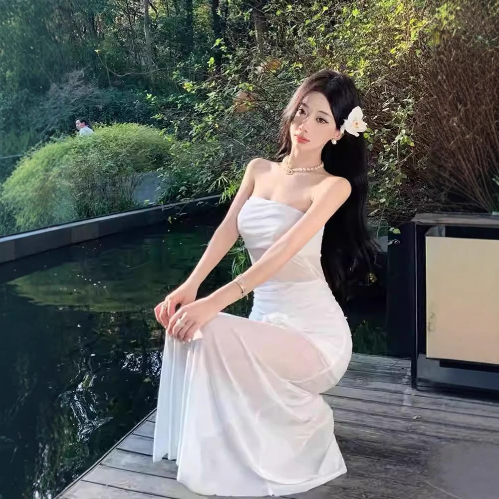 Elegant Bohemian Sexy Sheer Mesh Floral Strapless Dress for Women, Form-Fitting Design, Chic Long Dress