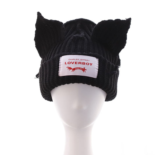 Double-layer thickened pig ear wool hat autumn and winter warm solid color knitted hat