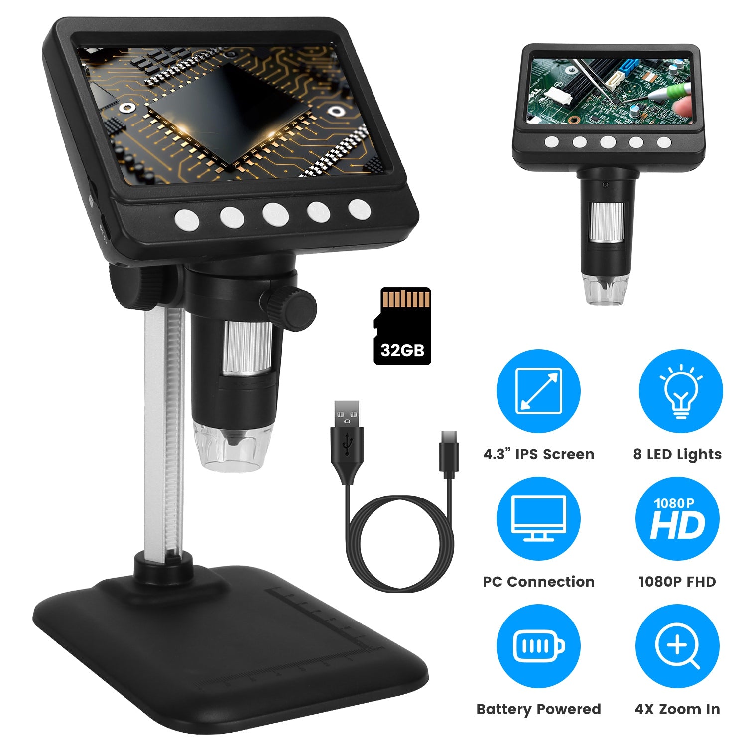 1Pc 4.3Inch LCD Digital Microscope 1,000X 1080P Photo Video Error Coin Magnifier With 8 Dimmable LED Lights PC Views Compatible With MacOS Windows Included 32GB Card