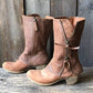 Side zipper thick heel mid leg knight boots for women retro round toe mid heel thin leather boots