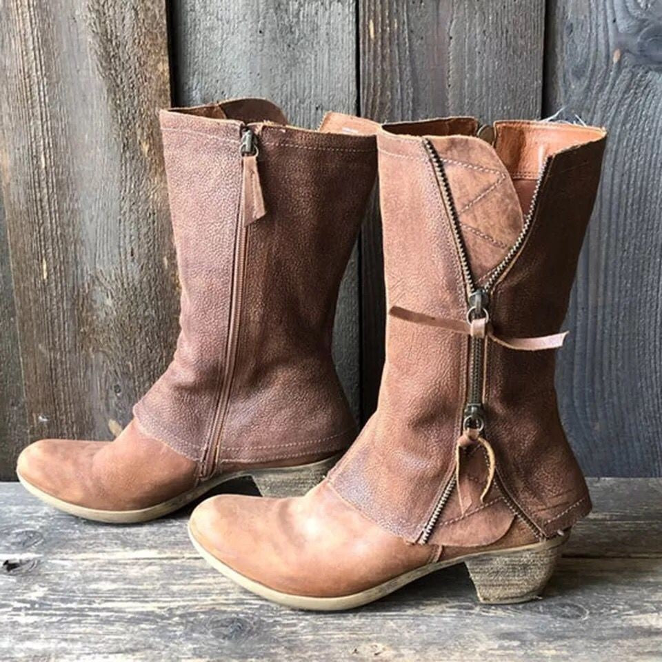 Side zipper thick heel mid leg knight boots for women retro round toe mid heel thin leather boots