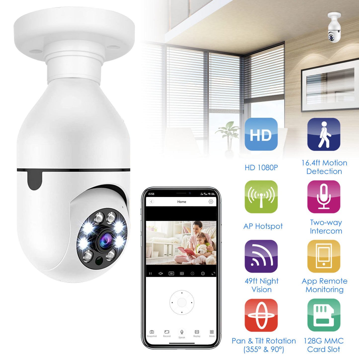 WiFi Bulb Camera 1080P FHD WiFi IP Pan Tilt Security Surveillance Camera