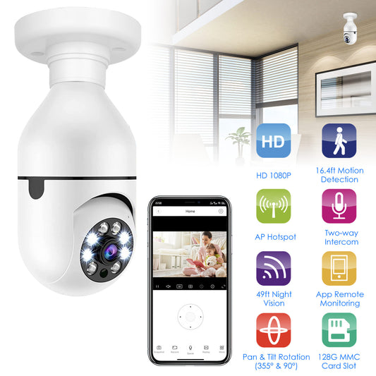 WiFi Bulb Camera 1080P FHD WiFi IP Pan Tilt Security Surveillance Camera